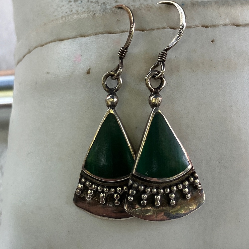 Vintage Silver and Malachite Teardrop Dangle Earrings - Picture 3 of 7